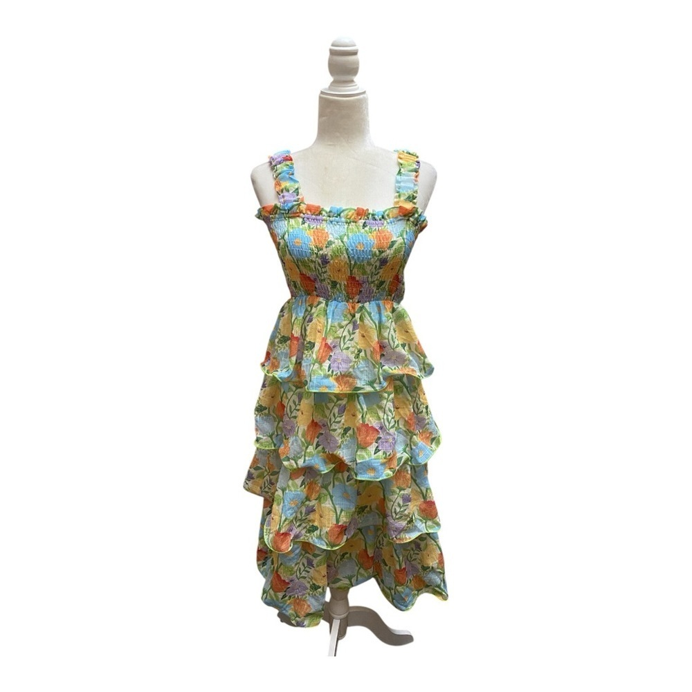 ELFSACK Womens Romantic Tiered Floral Midi Smocked Dress Size Small Cottage